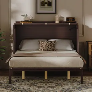 Queen Size Vertical Multifunctional Murphy Bed Cabinet - Space-Saving Hidden Wall Bed with USB Charging Station, Drawers, Safety Lock & Anti-Tip Device (for Coffee Use)