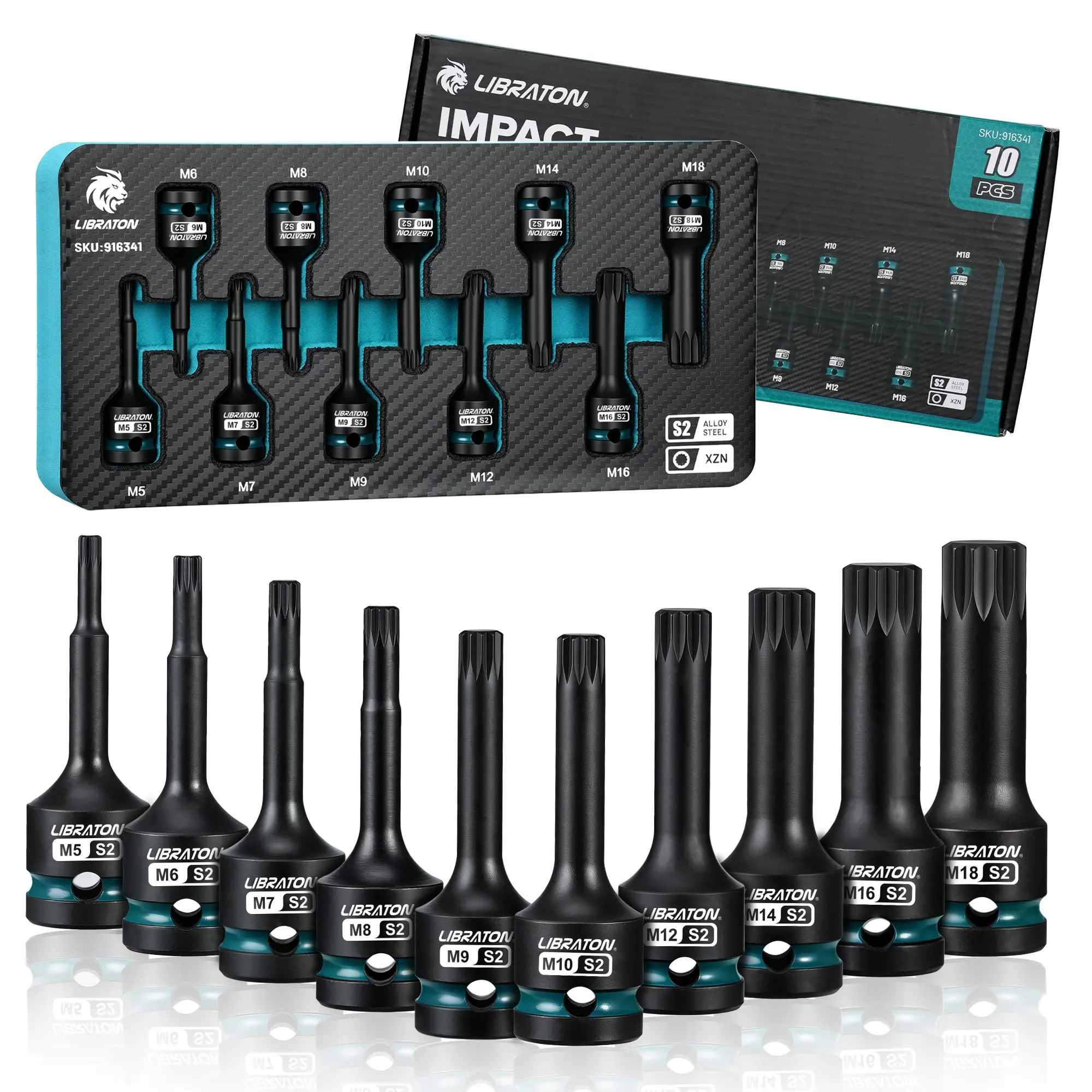 LIBRATON 10PCS Impact XZN Triple Square Spline Bit Socket Set, 1/2" Dr, S2 Steel, 12 Point High Torque Sockets (Metric M5-M18) for Professional Mechanics & Automotive Repair (XPE Storage Case)