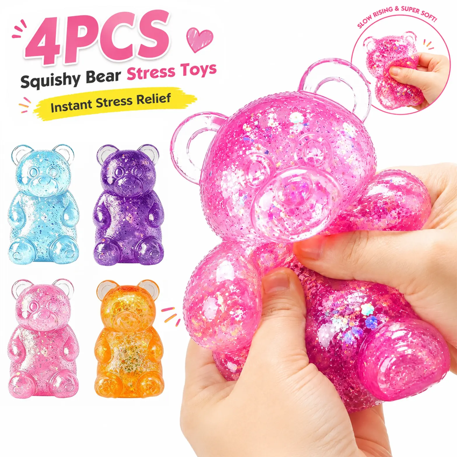 4 Pack Glitter Gummy Bear Squishy with Slow Rising Sensory Squishy Toys, Stress Bear Squishy, Squishy Toys for Kids, Stress Balls Valentines Day Gifts Birthday Gifts Party Favors
