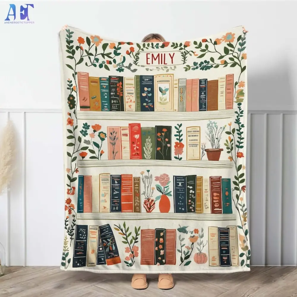 Custom Name Vintage Bookshelf Blanket, Boho Wildflowers Library Bookish Quilt, Cottagecore Flower Book Gift,Retro Book Lover Gift For Reader