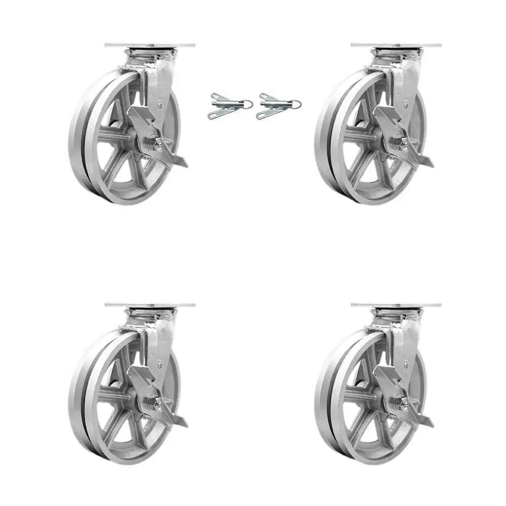 Service Caster SCC-30CS820-VGB-BSL-2 Rugged Heavy Duty Swivel Set (Set of 4) - 8in V-Groove Semi Steel Cast Iron Wheels, Ball Bearings, 1250lbs/Unit, 2 Bolt-On Swivel Locks, 7.5"Hx12"Wx12"L, for Dollies/Carts, Industrial Users