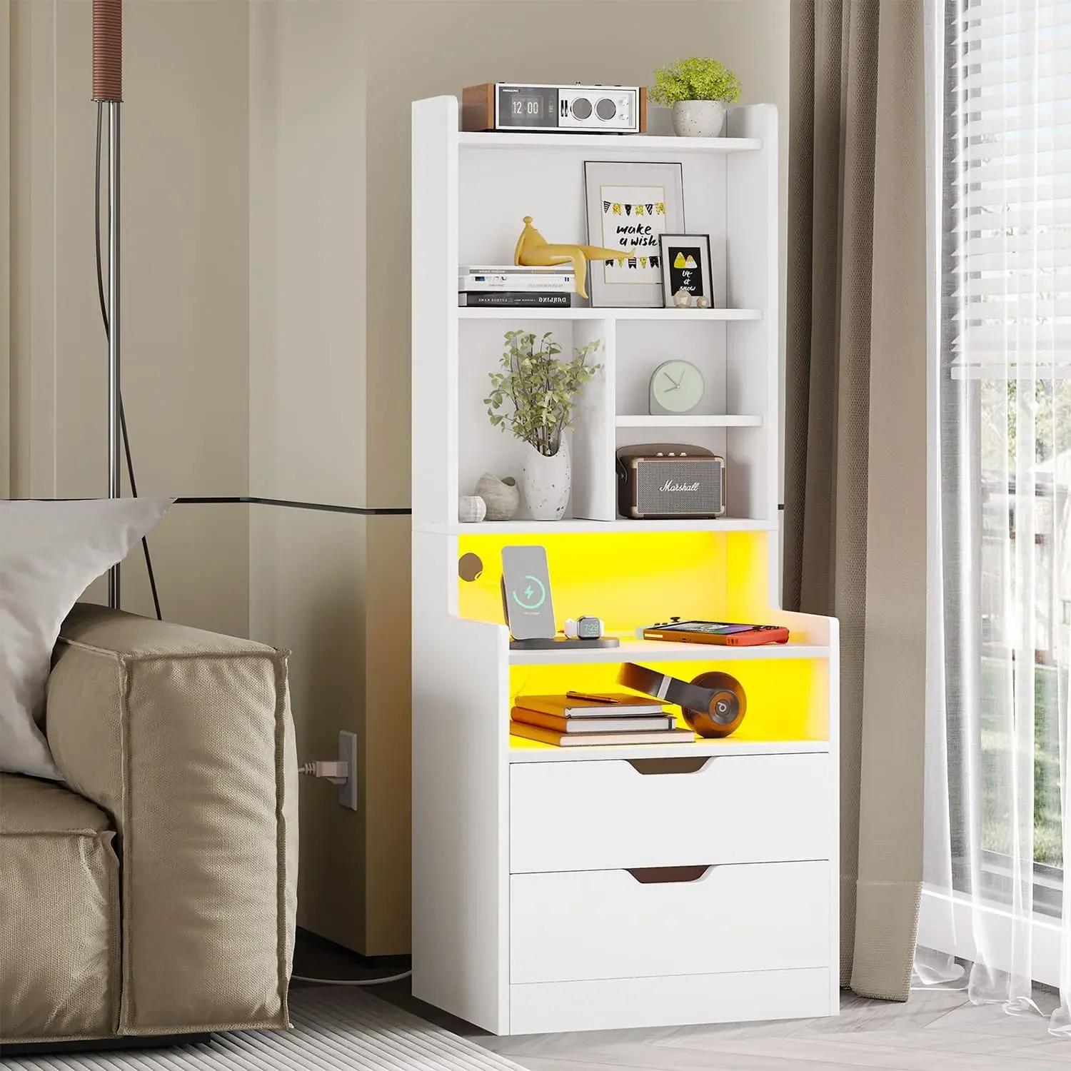 Sikaic LED Tall Nightstand with Charging Station, White Bedside Table with Bookshelf, Drawers and Storage for Bedroom Furniture,dorm essentials,home decor