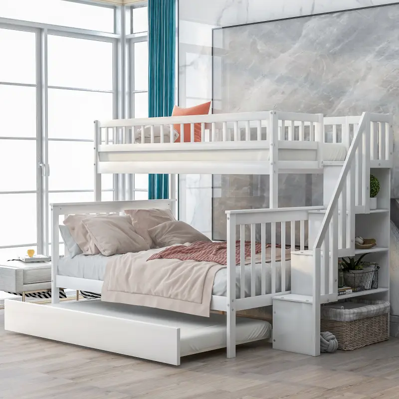Bellemave White Twin-over-Full Bunk Bed Frame with Staircase, Trundle - Indoor Furniture