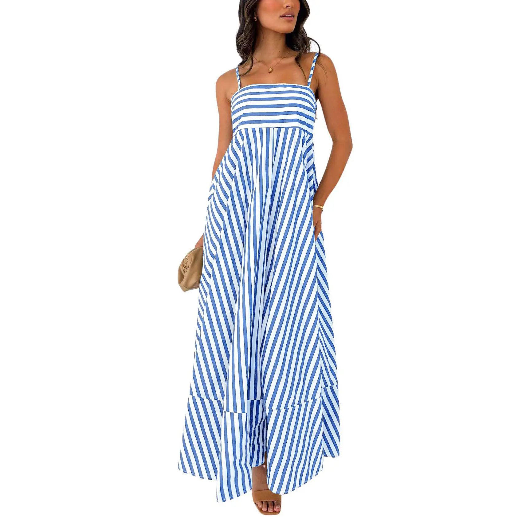 Chouyatou Women's Summer Striped Spaghetti Strap Maxi Dress Bohemian Style Casual Backless Elastic Dress Thin Strap Loose Long Dress