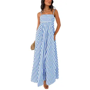 Chouyatou Women's Summer Striped Spaghetti Strap Maxi Dress Bohemian Style Casual Backless Elastic Dress Thin Strap Loose Long Dress