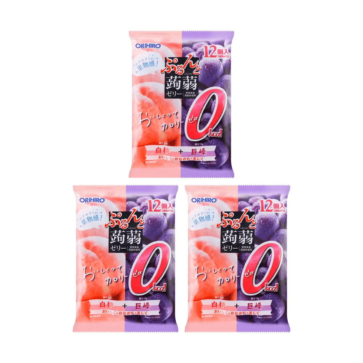 ORIHIRO Konjac Jelly Peach & Grape Flavors - Low Calorie, High Fiber, Fat-Free Snack (12 Pouches x 3 Packs)