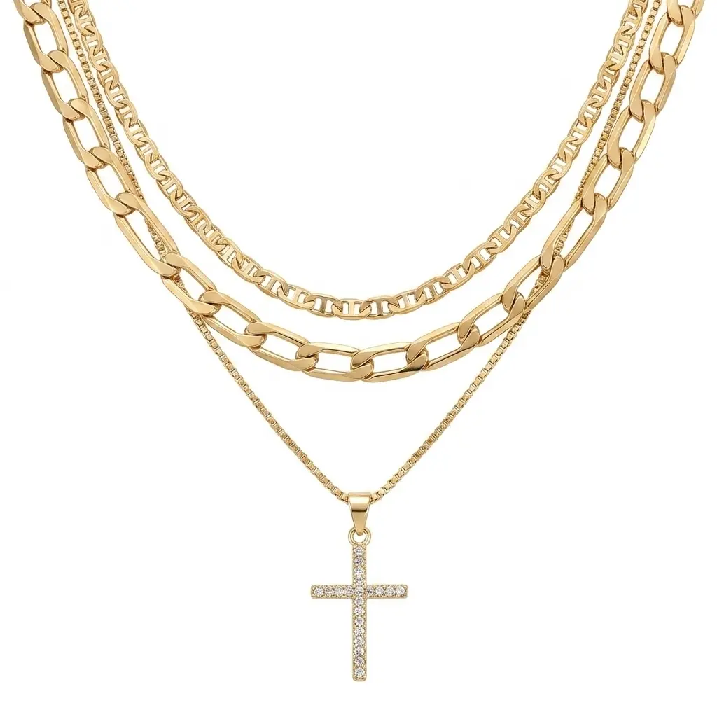 Women's Layered Cross Necklace Set, 3-Piece Gold Plated Metal with a Sparkly Rhinestone Pendant, Detachable Assorted Chains for Daily Wear & Gifting, Necklaces For Women, Cross Motif Necklaces