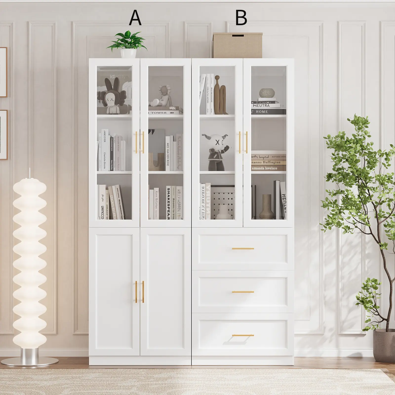 VOWNER Bookcase with Glass Doors & Drawers, 5 Tier Bookshelf with Adjustable Shelf,  Set for Home Office, Large storage, White (2 Set)) tall narrow
