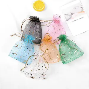 100pcs Moon Star Organza Bags, Mixed Color, Lightweight Satin Drawstring Organza Pouch Wedding Party Favor Gift Bag Jewelry Watch Bags（random color）