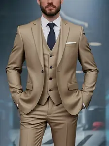 Men'S 3pcs Suit Set - Slim-Fit Long Sleeve, Solid Color, Non-Stretch Fabric, Lapel Collar, Fake Buttons, All-Season Wear, Perfect for Weddings, Business Casual & Formal Occasions, Wedding Attire | Classic Suit Style | Tailored Fit