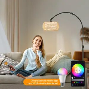 FLOWGO Boho Fishing Floor Lamp with Remote Control, Dimmable Arc Floor Lamp with 3 CCT and RGB,Farmhouse vintage Floor Lamps with Rattan Shades, Vintage floor lamp, Dimmable floor lamp for Bedroom, Office, living room,bedroom