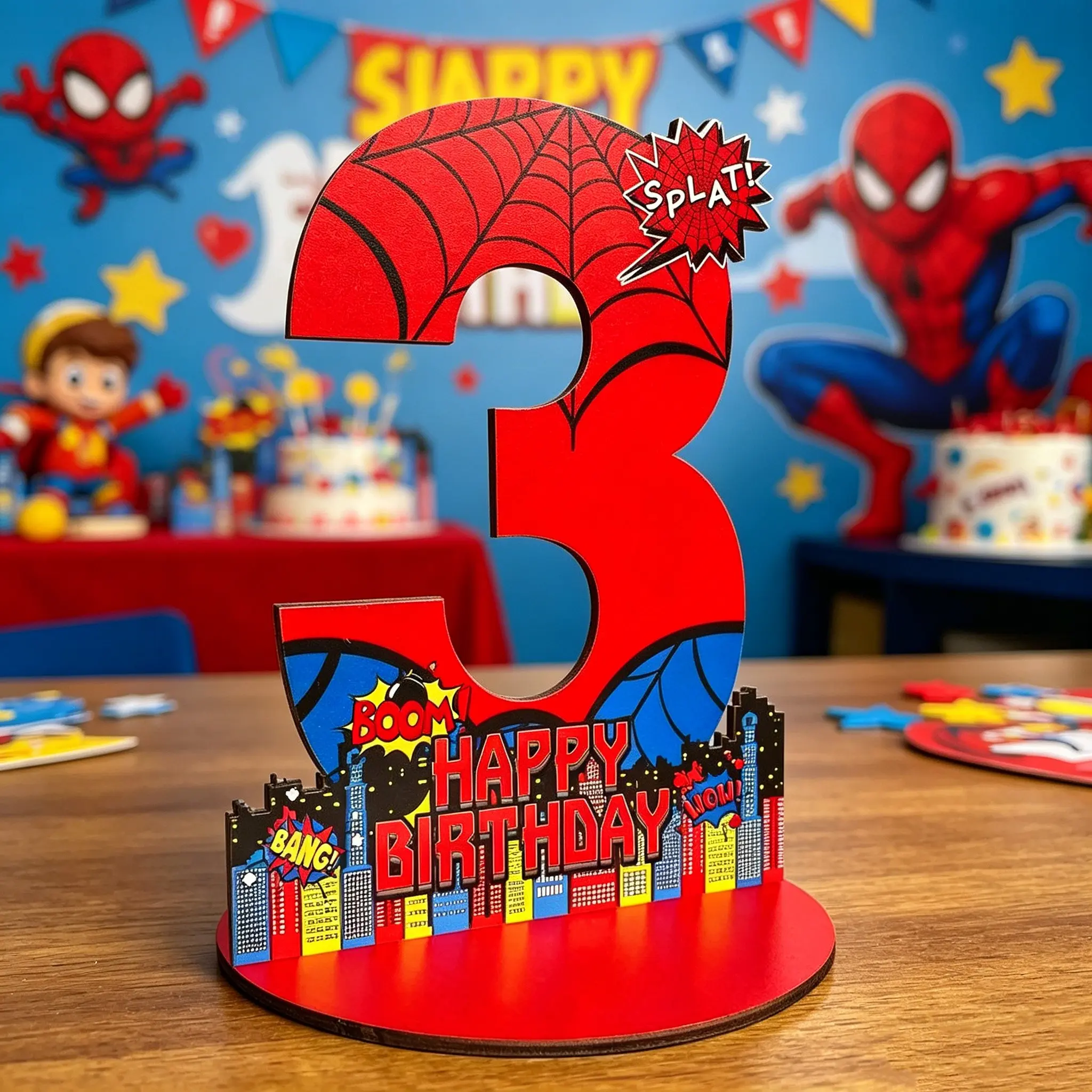 Spider-Themed Birthday Number Decorations for Ages 3-5, Wooden Table Centerpiece, Photo Props for Spider Birthdays, Spider Design Decoration, Birthday Party Decoration Supplies
