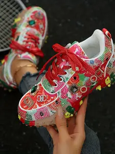 Women's Thick Sole Height Increasing Dad Shoes, Handmade Embellished Fashion Luxury Casual Trainer Women's Shoes, Unique Design Comfortable Sneakers, Walking Shoes