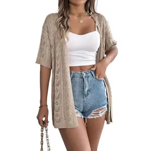 Women's Plain Hollow Out Sheer Drop Shoulder Crochet Cardigan, Casual Cute Half Sleeve Open Front Knitwear for Summer, Fashion Women's Knit Clothing for Daily Wear, Womenswear, Cardigan Sweater, Going Out Tops,Short Fitted