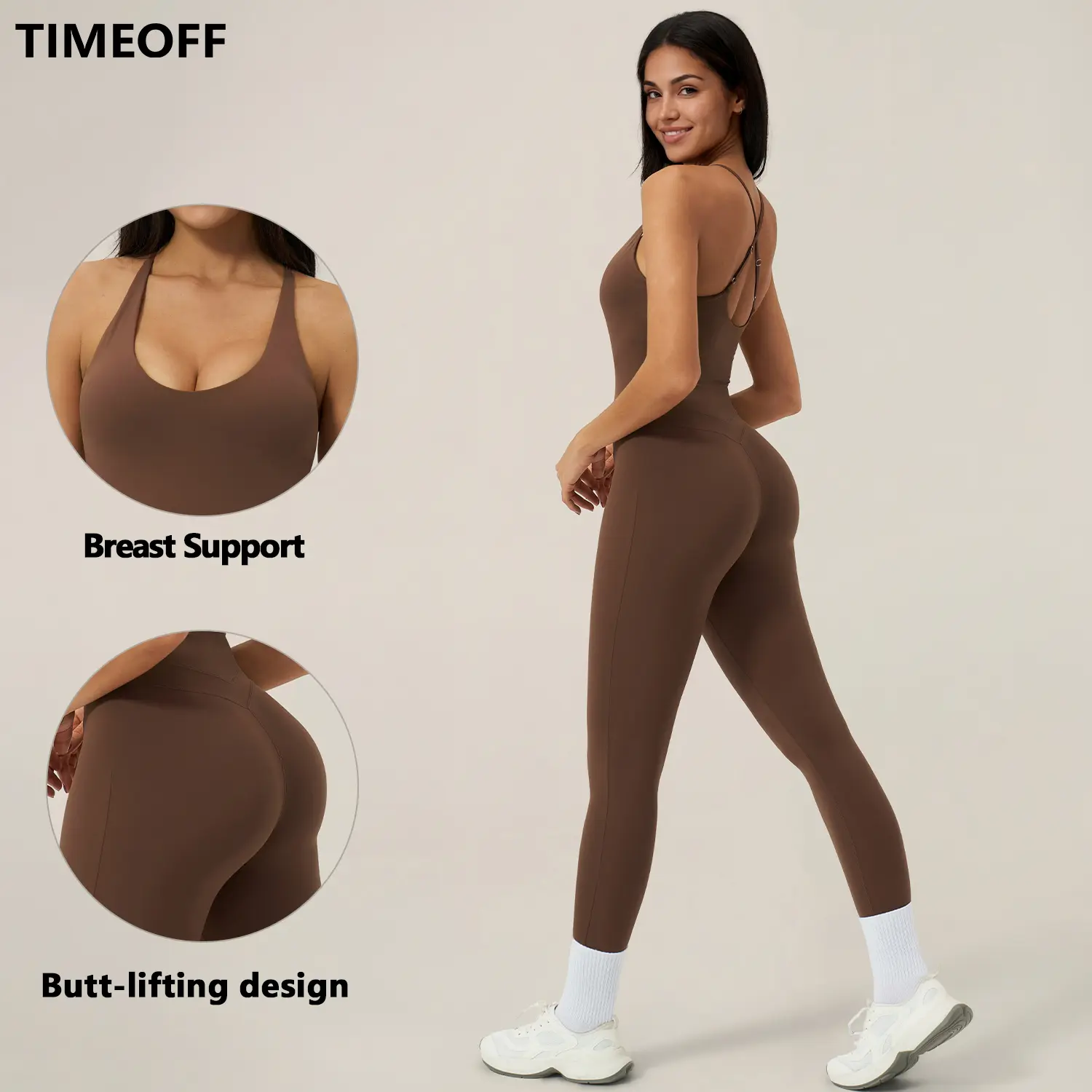 TimeOFF Women's Seamless Athletic Jumpsuit - Adjustable Straps, Built-in Breast Support, Butt-Lifting, 4-Way Stretch Fabric, Tummy Control, Full Coverage, Non-Ride Up Sports Casual Jumpsuit | Ideal for Yoga, Gym, Running, Athletic Jumpsuits