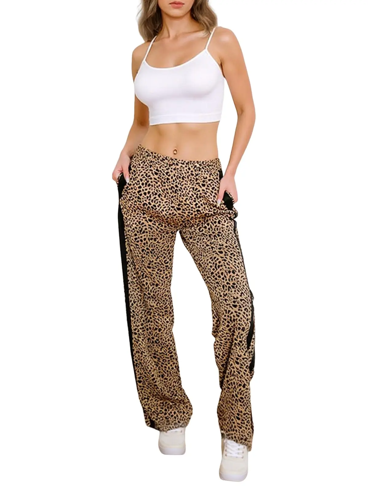 FISOEW Womens Casual Leopard Print Pants High Waisted Loose Fit Contrast Color Comfy Lounge Long with Pockets baggy Womenswear Slim capris plus size sweatpants buy clothes pants teacher outfits work outfits Breathable Bottom demitra low rise pants sa