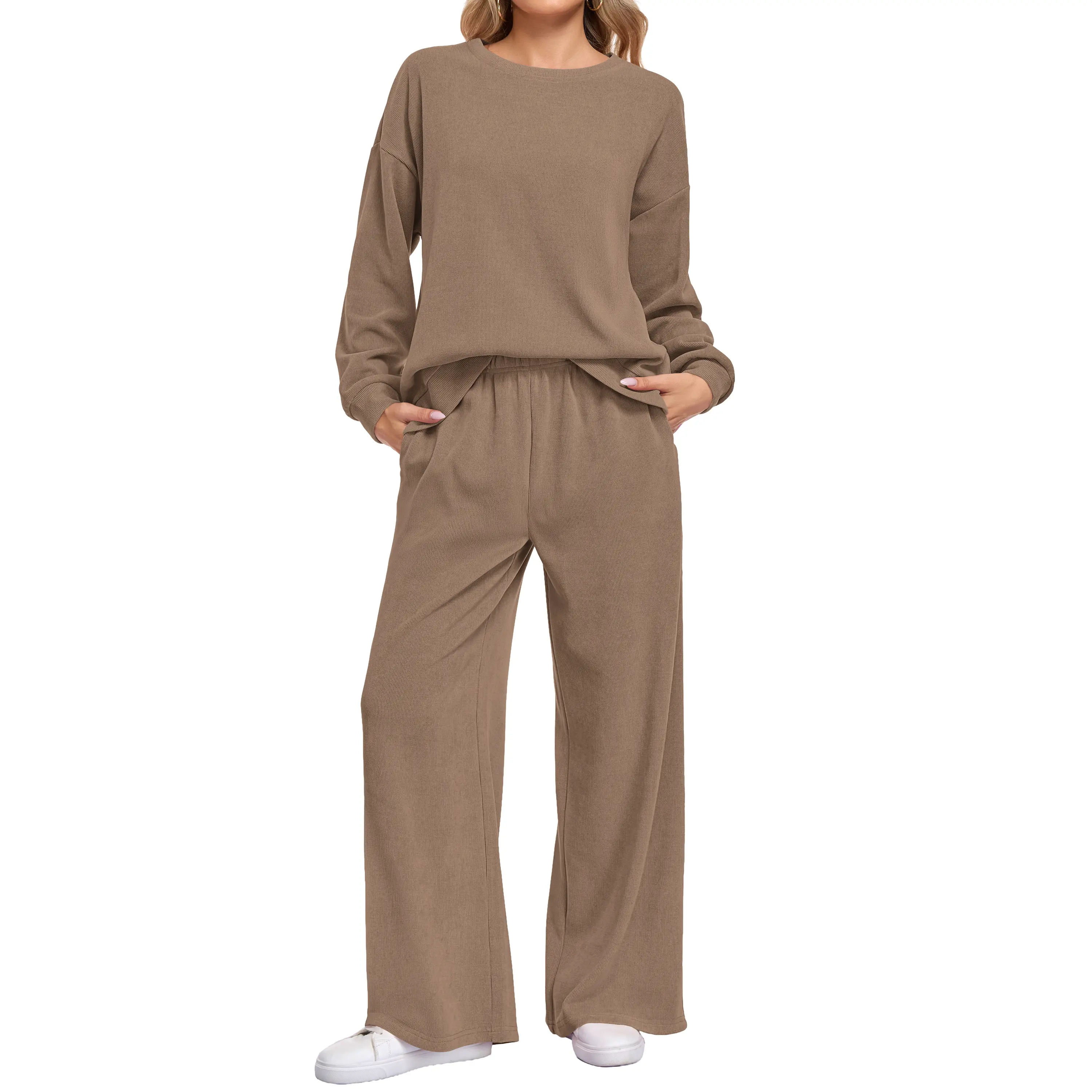 MOLERANI Women's 2 Piece Sets Ribbed Knit Casual Solid Color Suits - Long Sleeve Crew Neck Sweatshirts Top, Loose Wide Leg Pants - 2026 Minimalist Premium Fall Winter Womenswear Sohochic, Cozy Knitwear Set