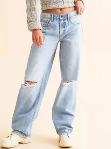 Women's Denim Jeans Pants with Pockets, Light Wash, Ripped Design & Button, Casual Streetwear Straight-Leg Fit, Versatile Daily Wear, Comfortable Loose Style, Womenswear