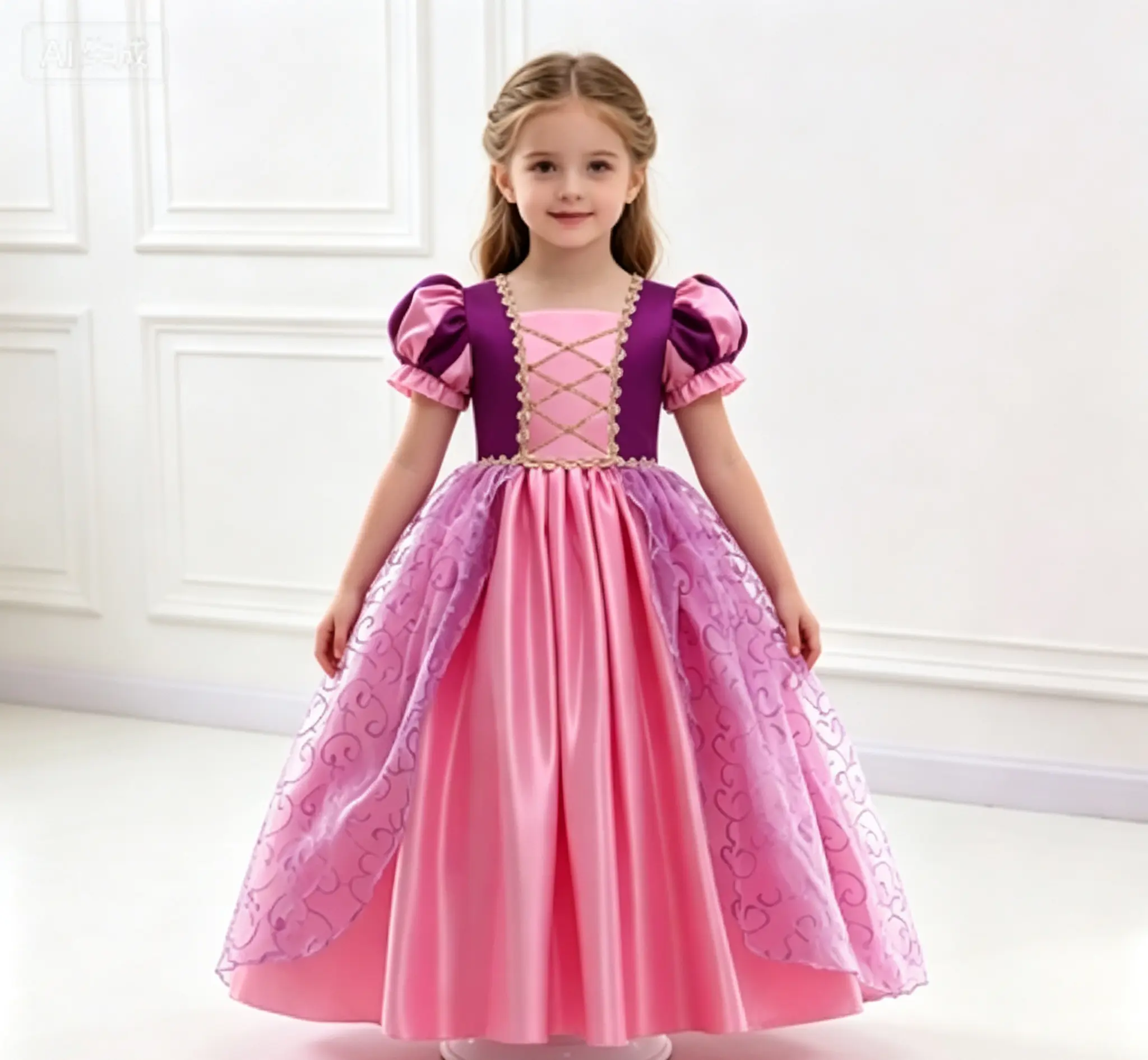 Girls' Princess Satin Tulle Ball Gown - Puff Short Sleeves, Gold Criss-Cross Lace Decor, Kids' Party Cosplay Dress for Birthday, Halloween