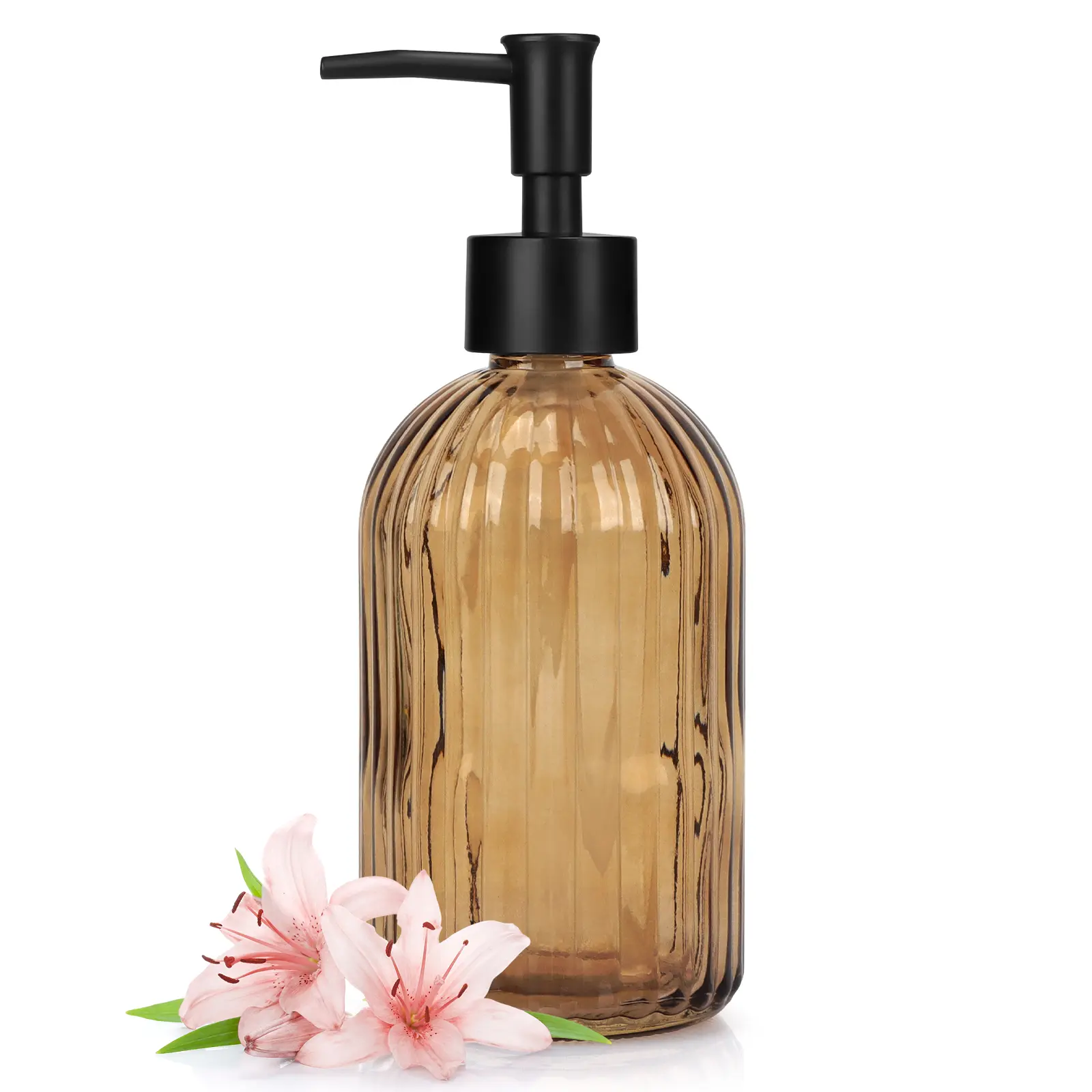 1 Pack 13.5oz Thick Durable Glass Soap Dispenser with Plastic Pump, Vertical Stripes Refillable Bathroom Accessory for Kitchen Hand Wash, Home Use, Set