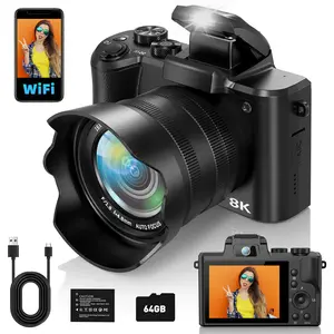 8K Digital Camera for Photography, High Definition Camera, 88MP Autofocus WiFi Vlogging Camera for Video with Front and Rear Lens, Flash, Touch Screen, Lens Hood, 64GB Card