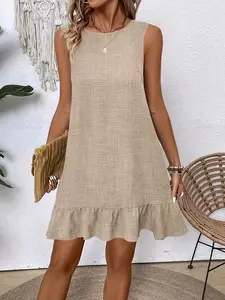 Women's Ruffle Hem Sleeveless Vest Dress with Tie, Adjustable Fit Casual Summer One-Piece, Stylish, Comfortable and Casual Wear Womenswear Fashion Apparel, Casual Fashionable Dress