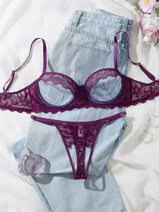 Sexy Lace Cut Out Lingerie Set, Ultra-Thin Transparent Mesh Thong, Backless Push-Up Bra Two-Piece Set