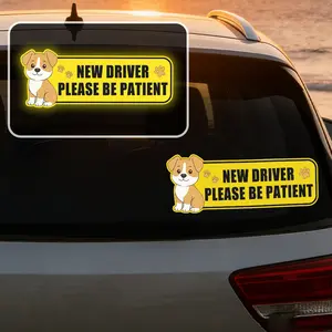 Cute Dog Pattern Reflective New Driver Car Sticker, Safety Reminder Decal, Waterproof Student Driver Car Sticker Please Be Patient, Night Visibility Reflective Car Window Bumper Decal, Sticker For Cars, Automobile Decals, Automotive Accessories