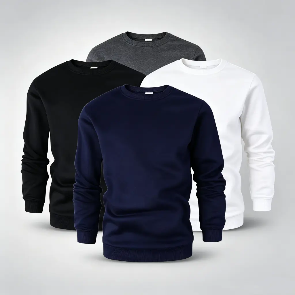 Men's Fleece Crew Neck Sweatshirt - Elastane Flat-Knit Long Sleeve Pullover, Fashion Knitwear Activewear, Dry Clean Blank Casual Top for Everyday Wear & Sports