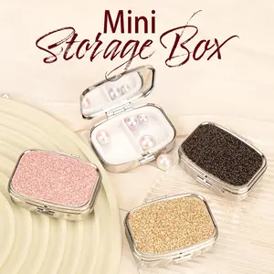 Leopard Pattern Glitter Storage Box, 2-grid Pill Organizer, Rectangle Decorative Box, Cosmetics Organizer for Pocket Purse and Travel