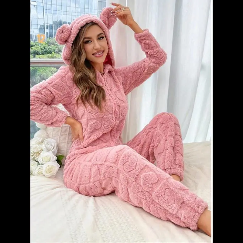Women's Cute Loungewear Jumpsuit, Plain Thick Plush Pajama with Hooded Ears, Slim-fitting Pull On Design for Lady, Longsleeves, Solid, Knit, Ease Of Movement, Fitted, Ears Detail, Minimalist, Onesie, Nightwear, Garment, Basic, Comfortable