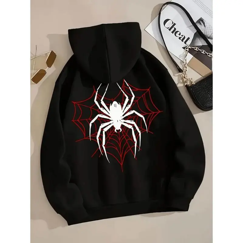 Stylish Black Spider Graphic Hoodie For Women With Cozy Kangaroo Pocket And Durable Fabric Perfect For Fall And Winter Wear Mother's Day and Father's Day Gifts