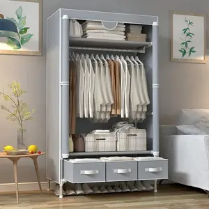 Portable Clothes Closet Rolling Door Wardrobe with Hanging Rack Non-Woven Fabric Storage Organizer with Three Drawer Boxes No-Tool Assembly - 67in*35.4in*17.7in(Gray)