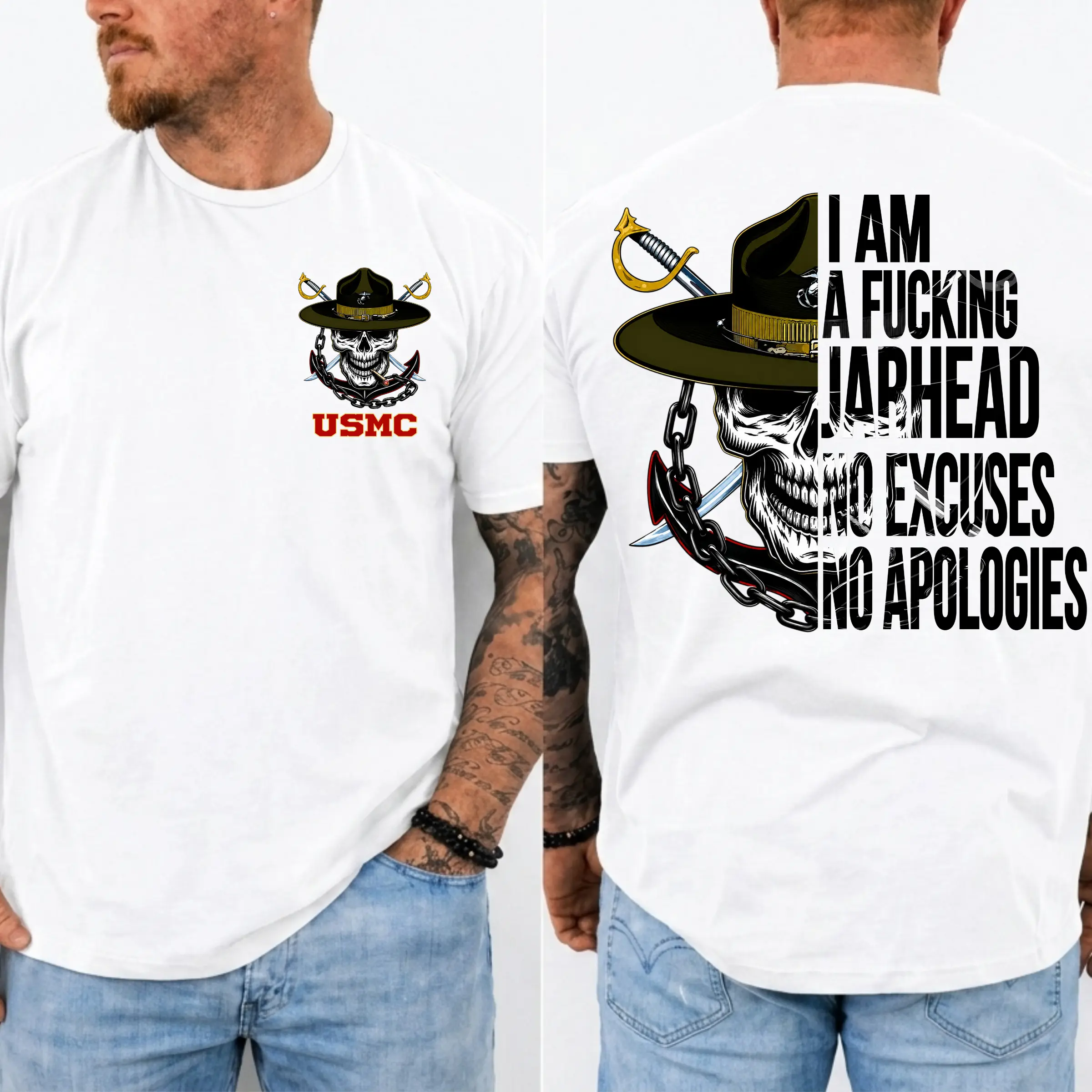 USMC Jarhead Skull T-Shirt – No Excuses No Apologies Vintage Marine Graphic Tee