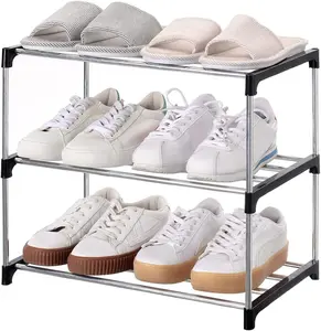 Stackable Small Shoe Rack, 3-Tier, Black - Entryway, Hallway, Closet Space Saving Storage and Organization Organiser Plastic