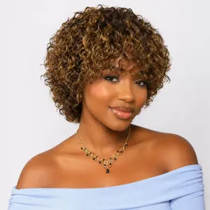 100% Human Hair Short Kinky Curly Wig, Brown Highlight Curly Wig for Women, Soft Fluffy Glueless Wig, Natural Looking Daily Wear Wig