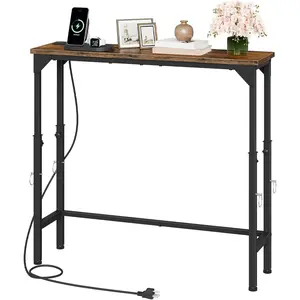 Narrow Console Table with Adjustable Height(21.1"-29.9"), Behind Couch Table, Entryway Table with Power Outlet, Narrow Sofa Table, for Entryway, Living Room, Rustic Brown and Black