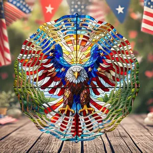 Premium 10" 3D Bald Eagle Hanging Wind Spinner - Traditional Star Ornaments, USA 250th Anniversary Yard Decoration, Minimalist Patriotic Stained Glass Metal Art, Hangable Outdoor Decor