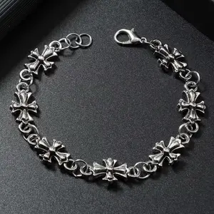 Retro Gothic Cross y2k Link Bracelet Silver Plated Chain for Men & Women Fashionable Jewelry Vintage Lobster Clasp