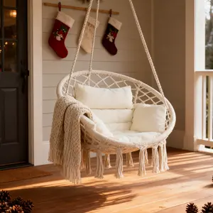 Holiday Haul Bohemian Hanging Swing Chair with Thick Cushion (Stand not included) - 330 lb Capacity, Cream White Hammock Chair ，Easy Assembly, Durable Fabric & Sturdy Metal Frame, Perfect for Bedroom, Porch, Adults, Balcony, Beige