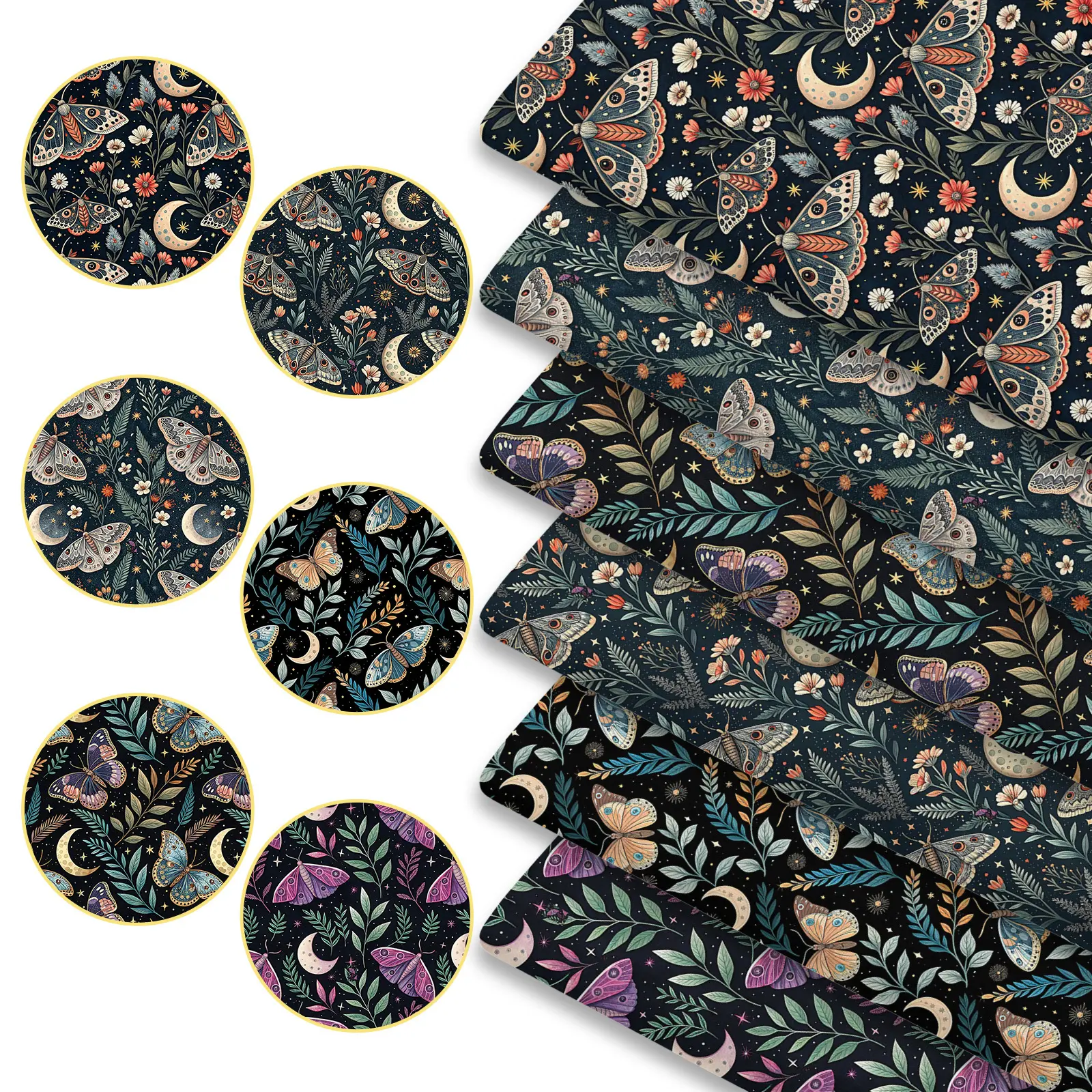 6pcs Mystic Night Butterflies Moon Print Durable Fabric Bundles, 45cm*50cm/17.72in*19.69in Celestial Starry Sky Fabric Squares for Quilting, Patchwork DIY Sewing Material for Bedding, Tablecloth, Bags, Headbands, Pillowcases