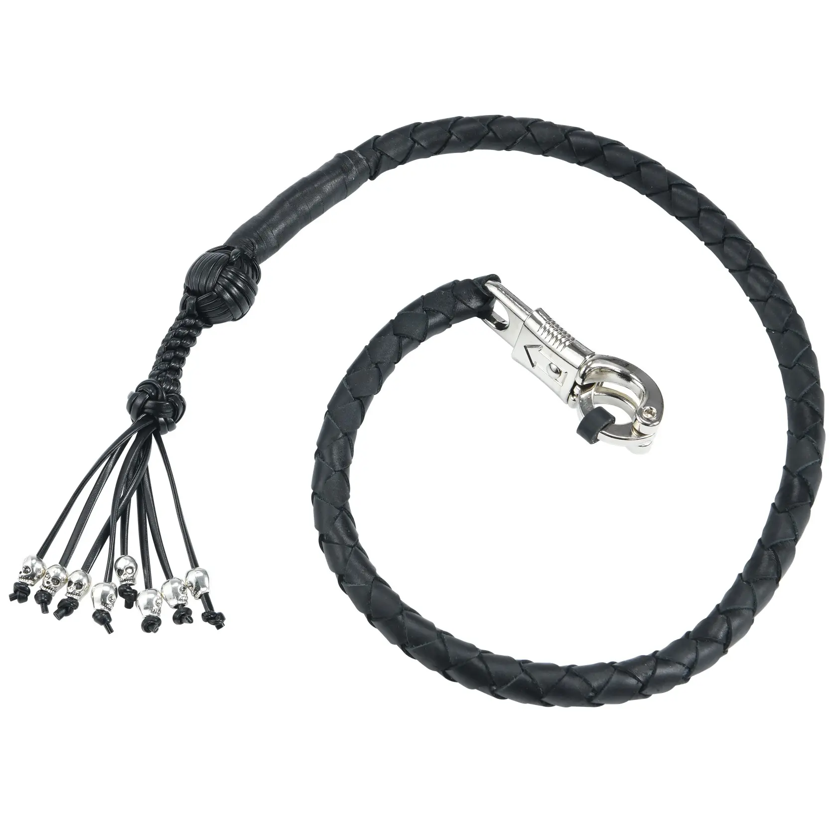 Dream Apparel 36" Genuine Leather Motorcycle Get Back Whip with Fringes and Skulls - Heavy Duty Stainless Steel Quick-Release Clasp