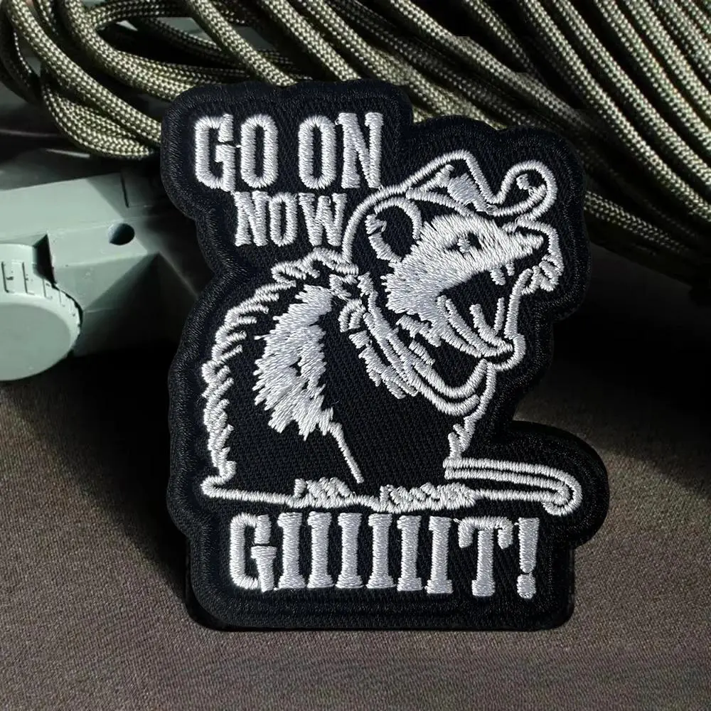 Go on Now Giiiiit Tactical Patch Funny Opossum Hook&Loop Embroidered Patch Airsoft Morale Badge Military Army Backpack Stickers Sewing Accessories Haberdashery