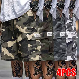 4 Pack Men's Casual Camouflage Cargo Shorts Drawstring Waist Multi Flap Pockets Label Patch Streetwear Summer Outfit