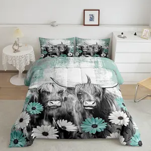 Highland Cow Comforter Set,Western Longhorn Bull Bedding Set,Farmhouse Animal Print Comforter,Soft Breathable Teal Daisy Floral Quilt Set