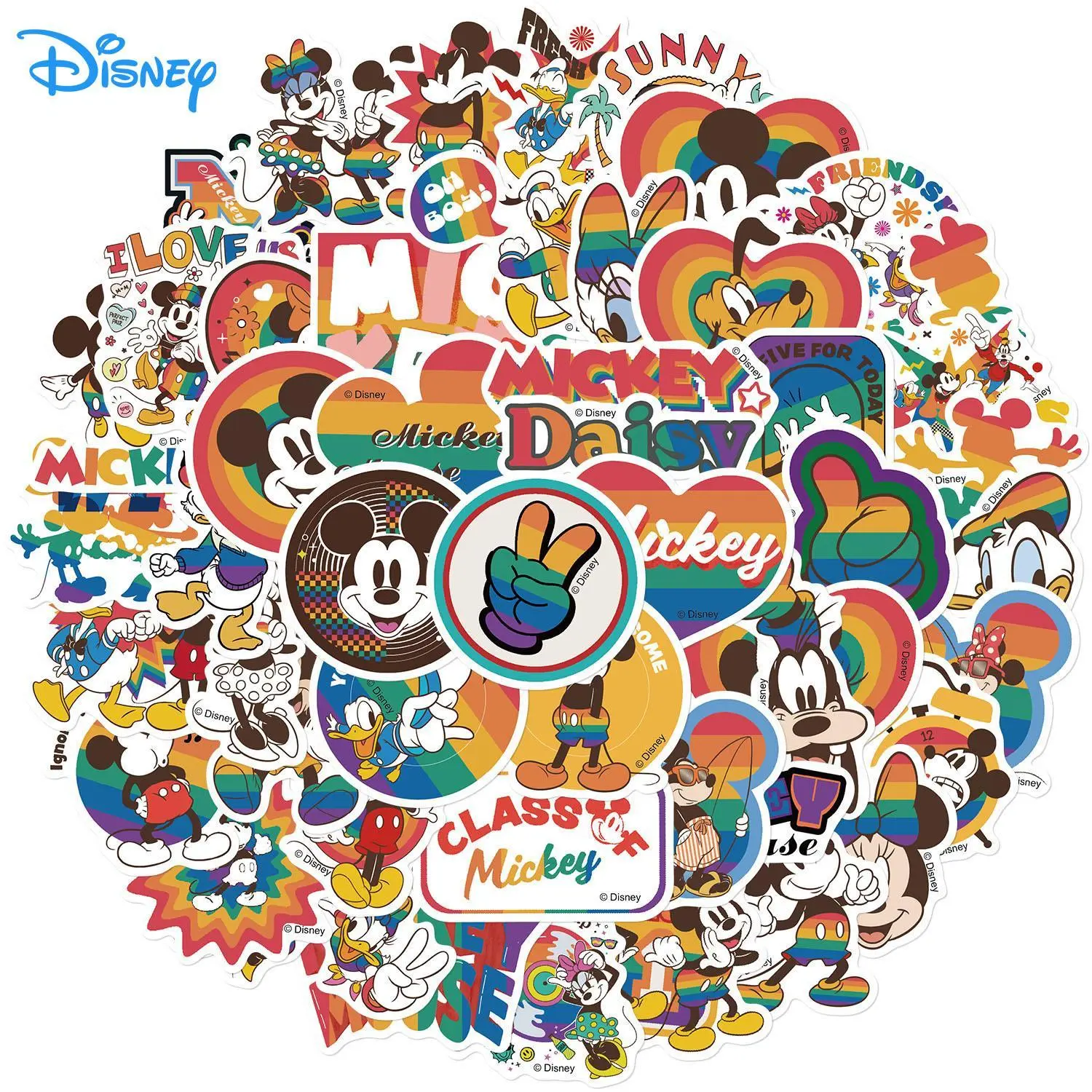 50pcs Disney Authorized Rainbow-colored Mickey Minnie Doodle Cartoon Stickers for Laptop, Phone Case, Skateboard, Water Proof, Devices