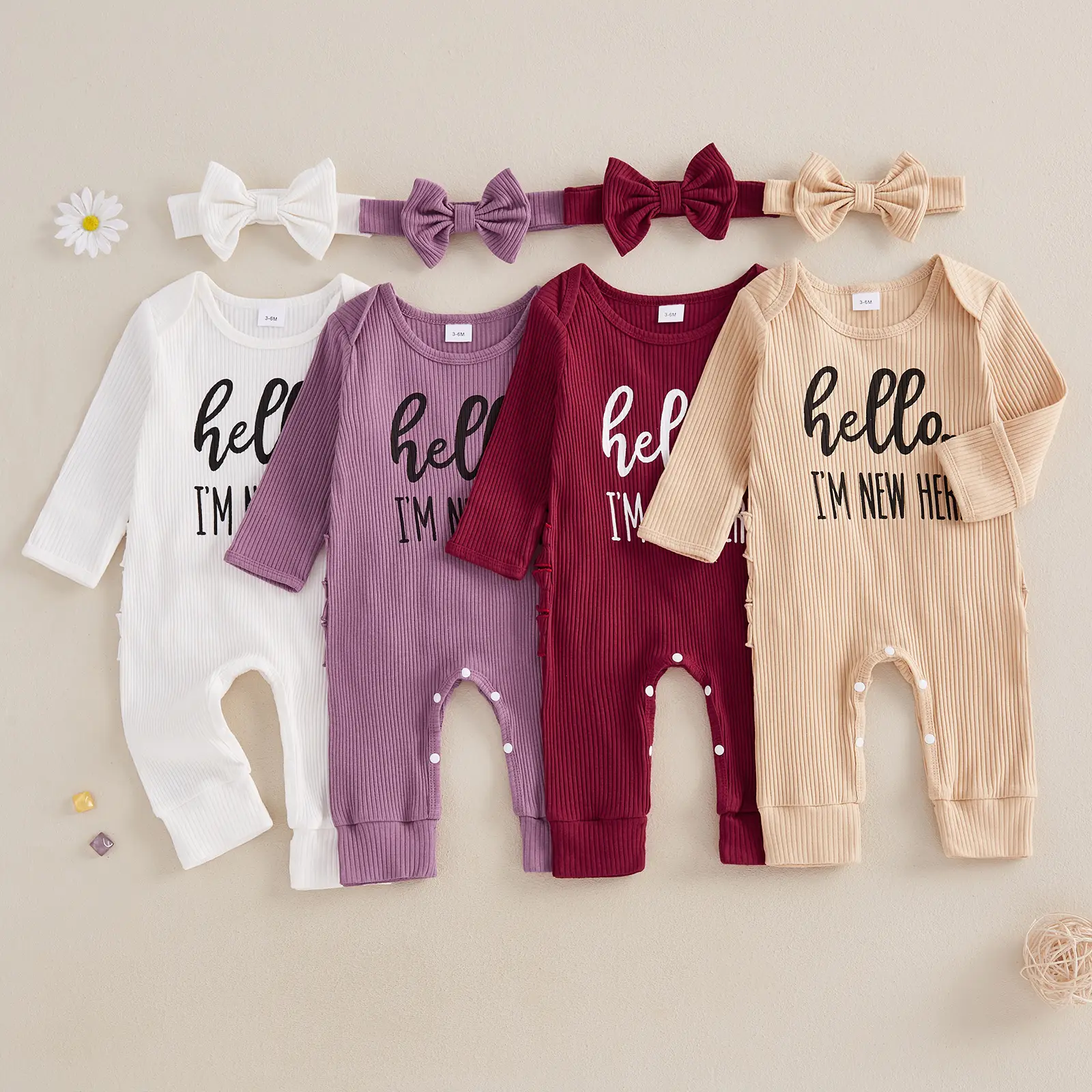 Baby Girl Clothes I'M NEW HERE Romper Jumpsuit Ribbed Long Sleeve Sleeper Baby Necessities Coming Home Outfit