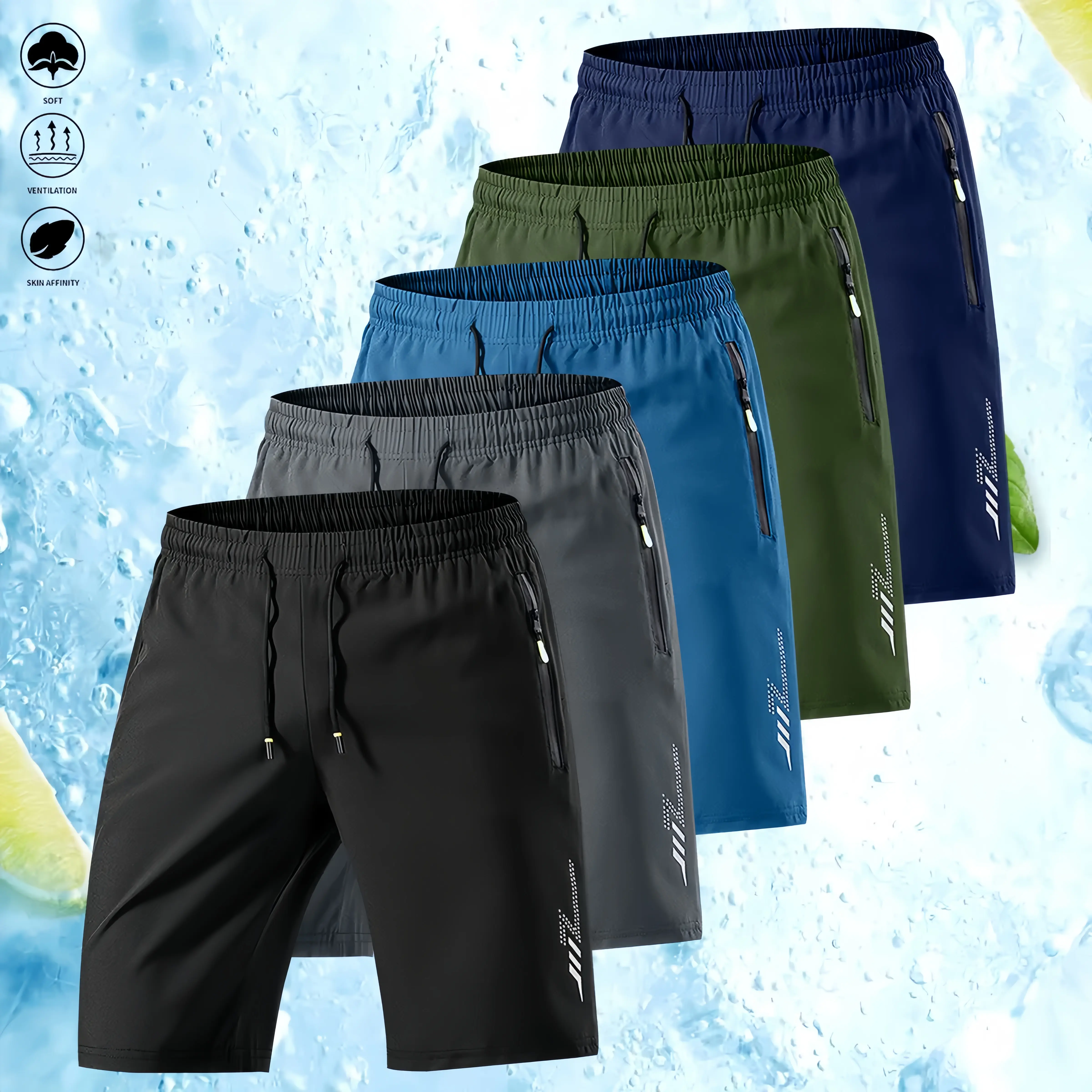 Men’s Lightweight Casual Shorts 5-Pack – Elastic waistband, breathable fabric, adjustable drawstring, side pocket design, suitable for basketball, running, beach, and outdoor sports – Athletic shorts Solid Color Zipper, Multi-Sport Use, Adjustable Waist,