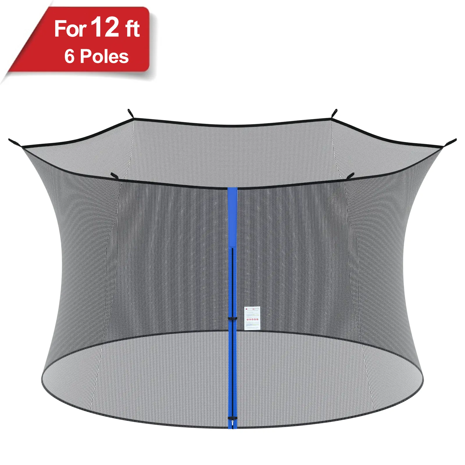 Trampoline Safety Net, 12ft Replacement Enclosure Net for 6 Straight Poles Round Frame, Breathable and Weather-Resistant, with Adjustable Straps, Zippers, Protection Buckles, NET ONLY