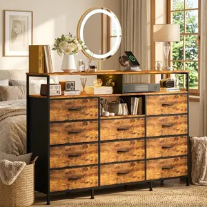 Dressers with 10 Fabric Drawers for Bedroom,Organizer Unit with LED Light & Charging Station,Modern Chest of Drawers with Sturdy Frame for Bedroom,Living Room,Dorm